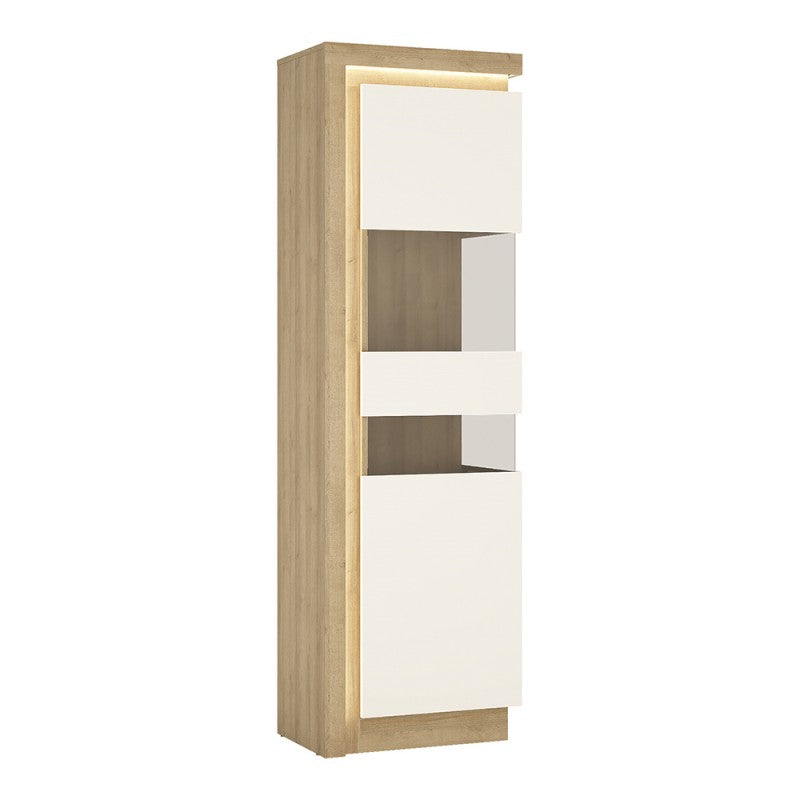 Lyon Riviera Oak/White High Gloss Tall Narrow Display Cabinet (Right Hand)