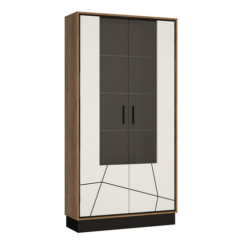 Brolo Tall Wide Glazed, Walnut Display Cabinet with White and Dark Panel Finish