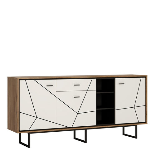 Brolo 3 Door 1 Drawer Wide Walnut Sideboard with White and Dark Panel Finish