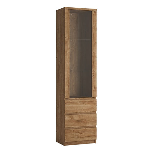 Fribo Tall Narrow 1 Door 3 Drawer Glazed, Oak Display Cabinet